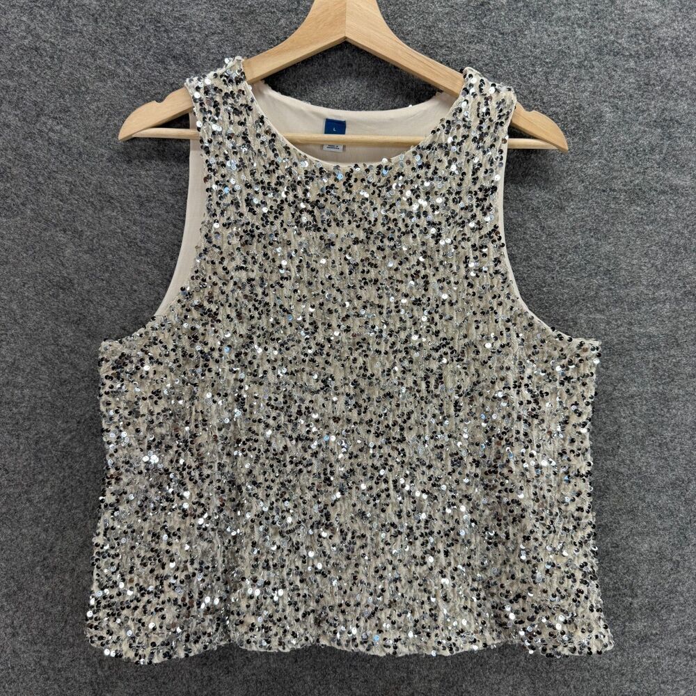 New Old Navy Blouse Women L Large Beige Sequin Sleeveless Wide Strap Lined